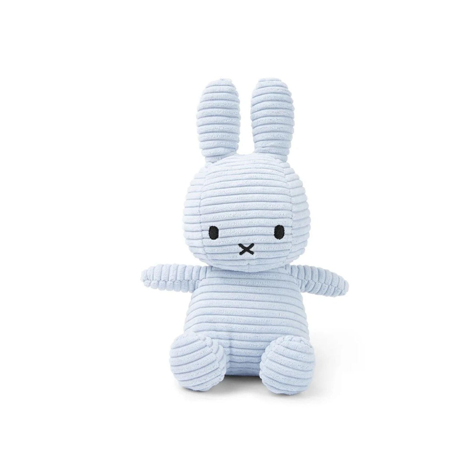 Light blue plush bunny toy on a white background