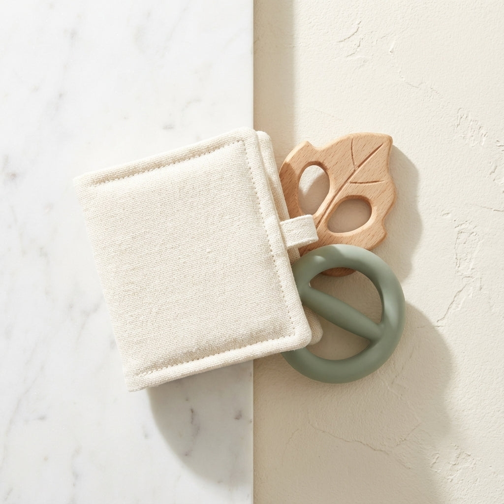 Baby teething ring with leaf design and green ring on a white background