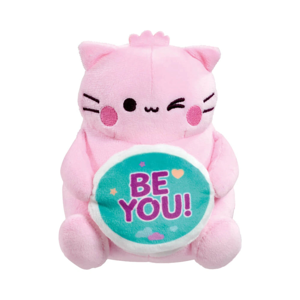 The Pembe Be You small soft toy features a pink plush cat with a winking expression holding a circular teal badge that reads Be You in purple lettering.