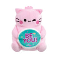 The Pembe Be You small soft toy features a pink plush cat with a winking expression holding a circular teal badge that reads Be You in purple lettering.