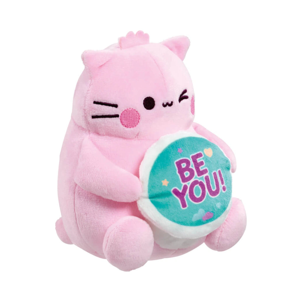 Pembe the Pink Cat small soft toy features a cute embroidered face with pink cheeks and holds a teal circular medallion displaying the text Be You in purple lettering.