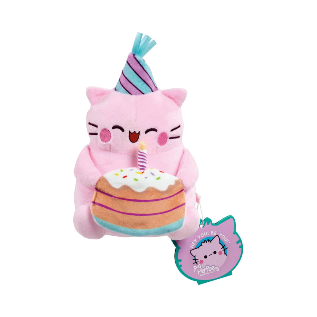 Pembe the Pink Cat Happy Birthday small soft toy featuring a smiling pink plush cat wearing a striped blue and purple party hat while holding a birthday cake with a single candle.