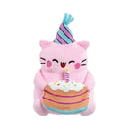Pembe the Pink Cat Happy Birthday small soft toy featuring a pink plush kitten wearing a teal and purple striped party hat, holding a decorative birthday cake with white frosting, sprinkles, and a candle.