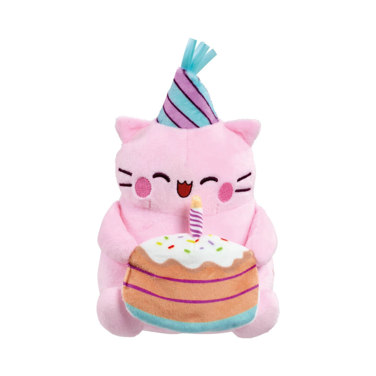 Pembe the Pink Cat Happy Birthday small soft toy featuring a pink plush kitten wearing a teal and purple striped party hat, holding a decorative birthday cake with white frosting, sprinkles, and a candle.