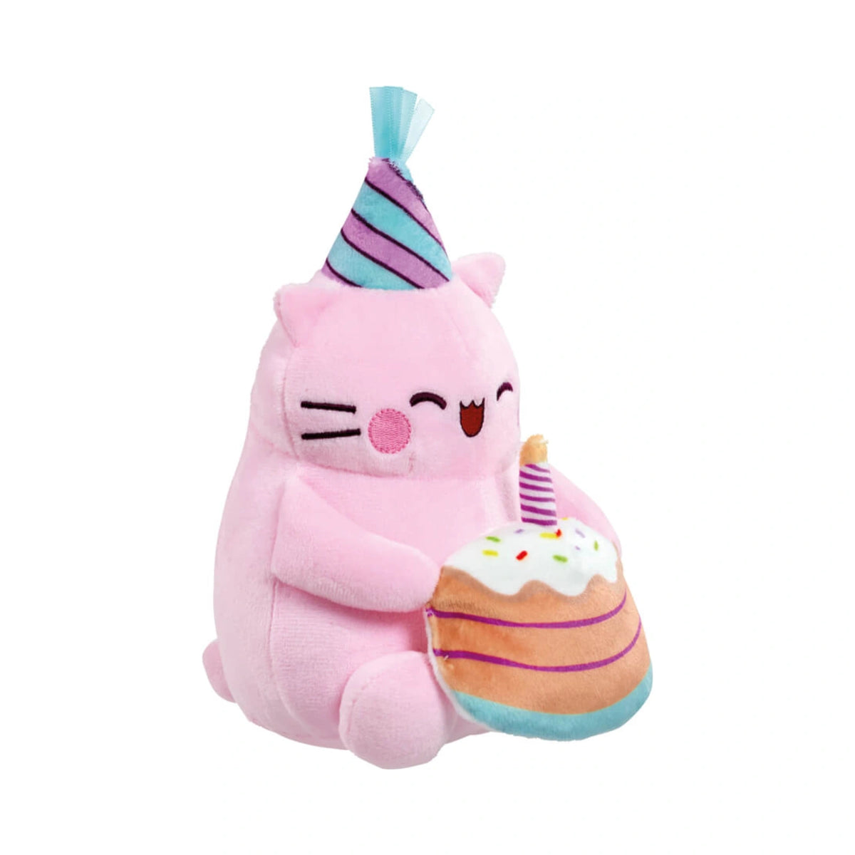 Pembe the Pink Cat plush wearing a party hat and holding a birthday cake with a candle on white.