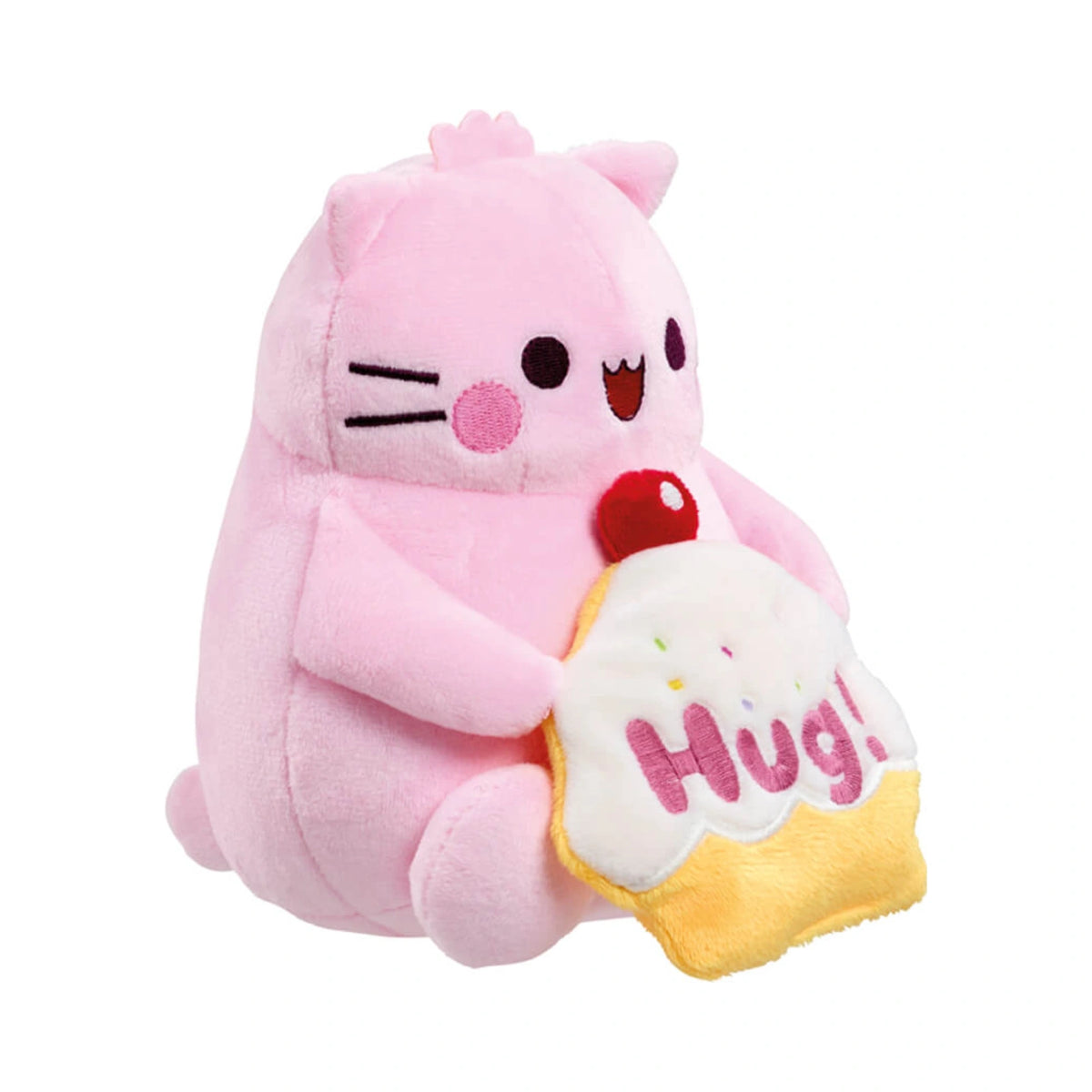 Pembe the Pink Cat plush toy holding a plush cupcake with embroidered text reading Hug! on a white background.