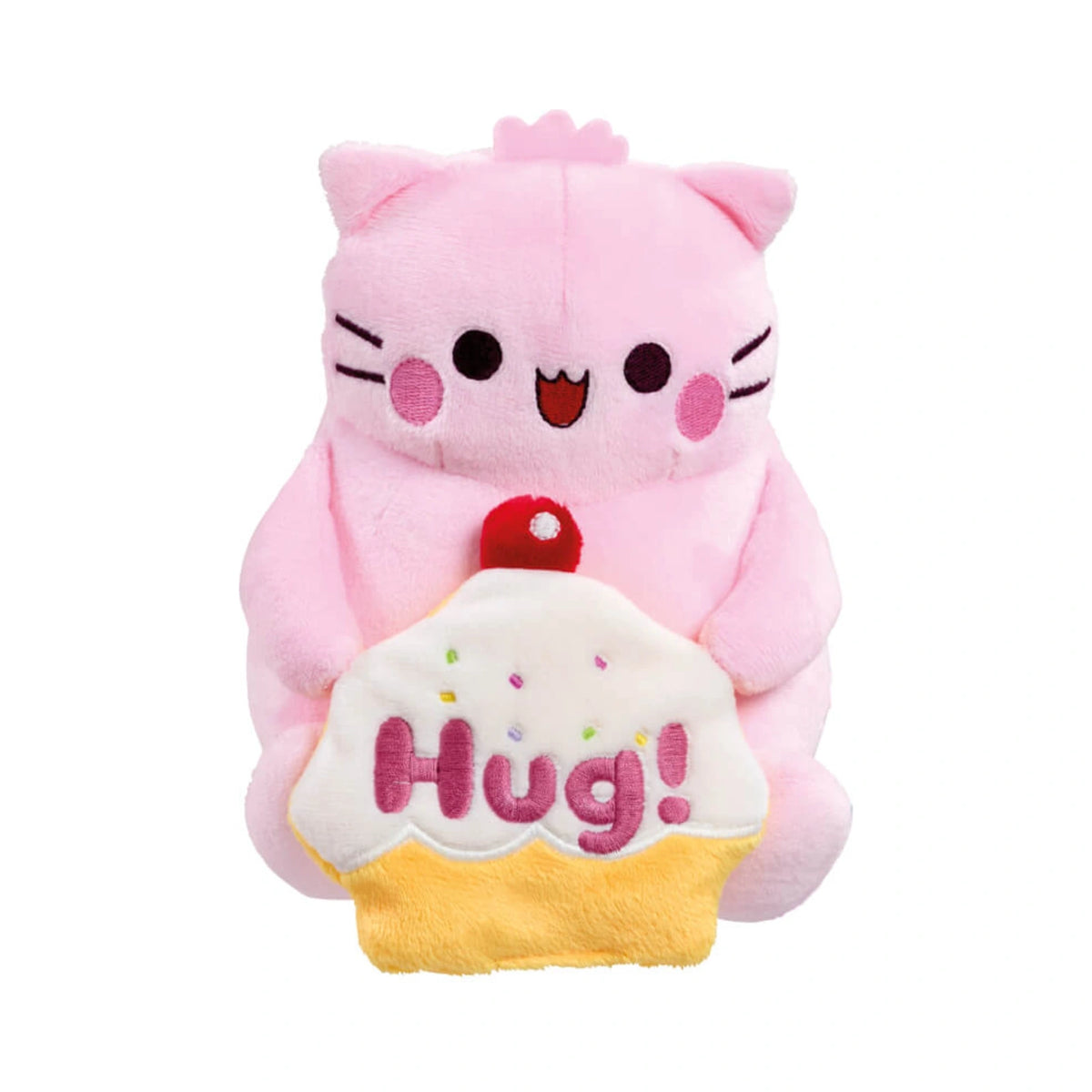 Pembe the Pink Cat plush toy holding a plush cupcake with embroidered pink text reading Hug! on white.