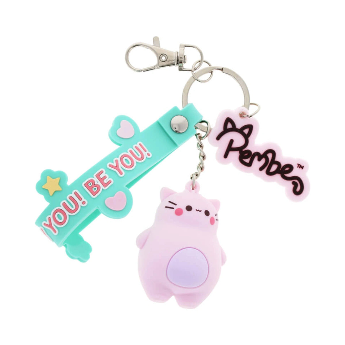 Pembe Keyring from Pembe the Pink Cat featuring a pink silicone cat charm with a purple belly, a mint green strap with pink heart details and the text You Be You, and a pink logo charm on a silver metal clasp.