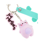 Pembe the Pink Cat Pembe Keyring featuring a light pink silicone cat charm, a pink brand logo, and a mint green strap attached to a silver metal ring.