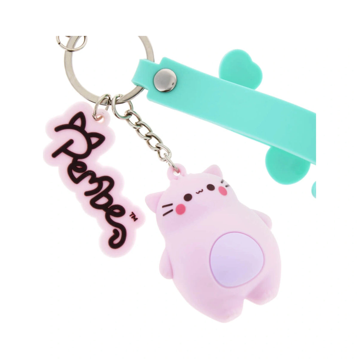 Pembe the Pink Cat Pembe Keyring featuring a light pink silicone cat charm, a pink brand logo, and a mint green strap attached to a silver metal ring.