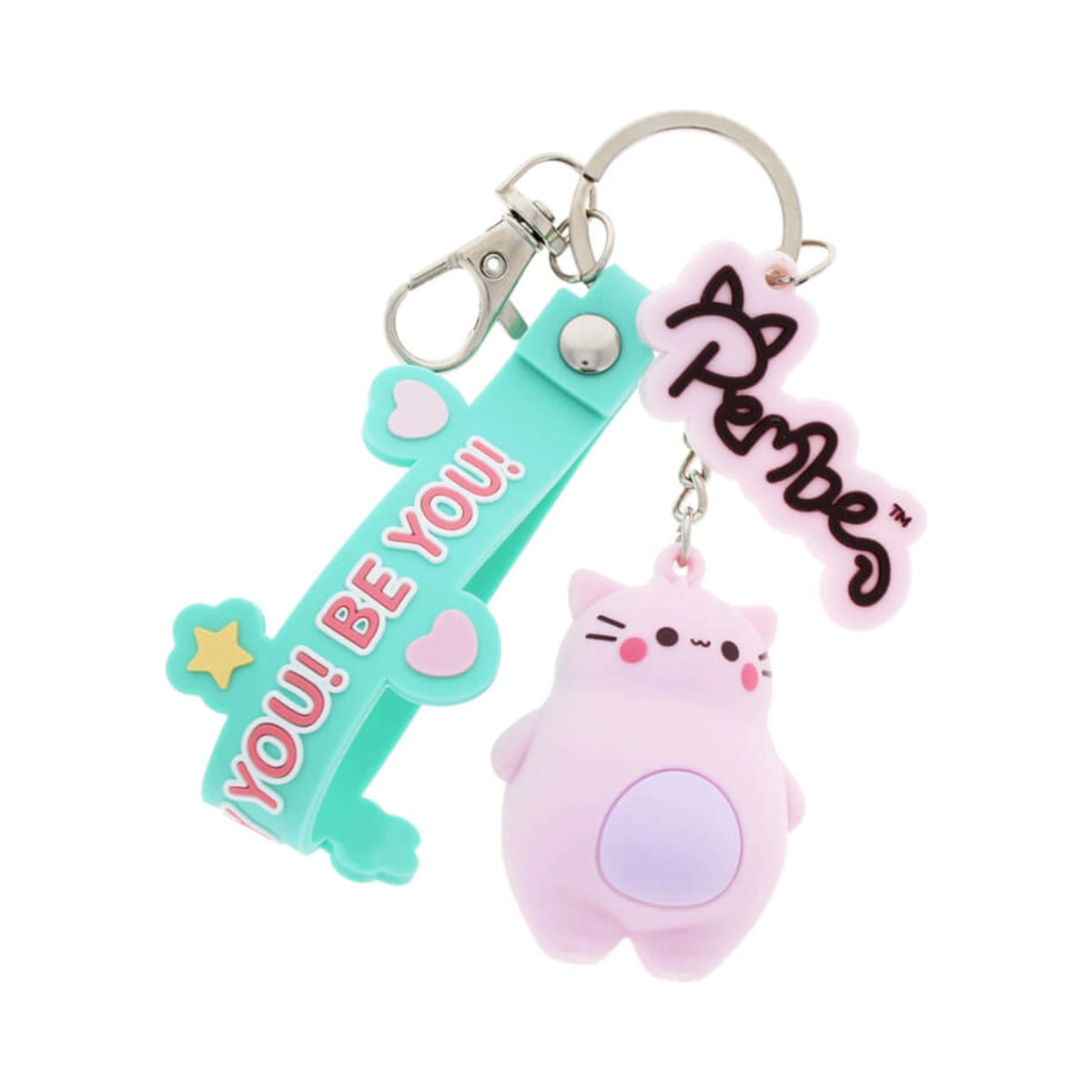 Pembe Keyring featuring a light pink cat character charm a mint green silicone strap with pink You Be You text and a pink Pembe script logo tag on a silver metal keyring.

