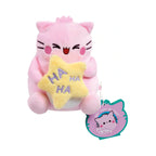 Pembe the Pink Cat laughing small soft toy in pink plush, holding a yellow star with embroidered purple letters spelling HA HA HA.