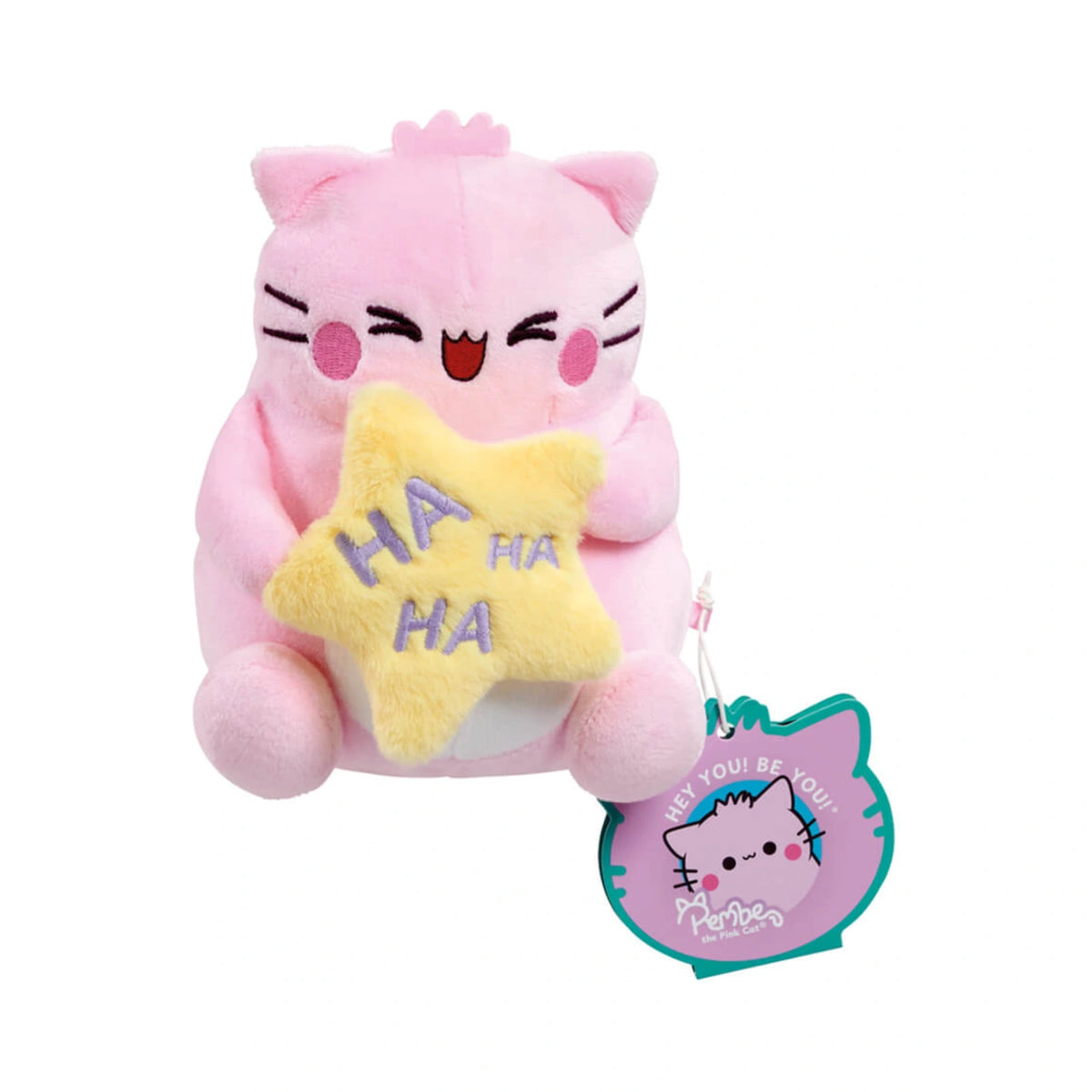 Pembe the Pink Cat laughing small soft toy in pink plush, holding a yellow star with embroidered purple letters spelling HA HA HA.
