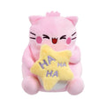 Pembe the Pink Cat laughing small soft toy featuring a happy pink plush cat holding a yellow star with purple HA HA HA embroidered text.