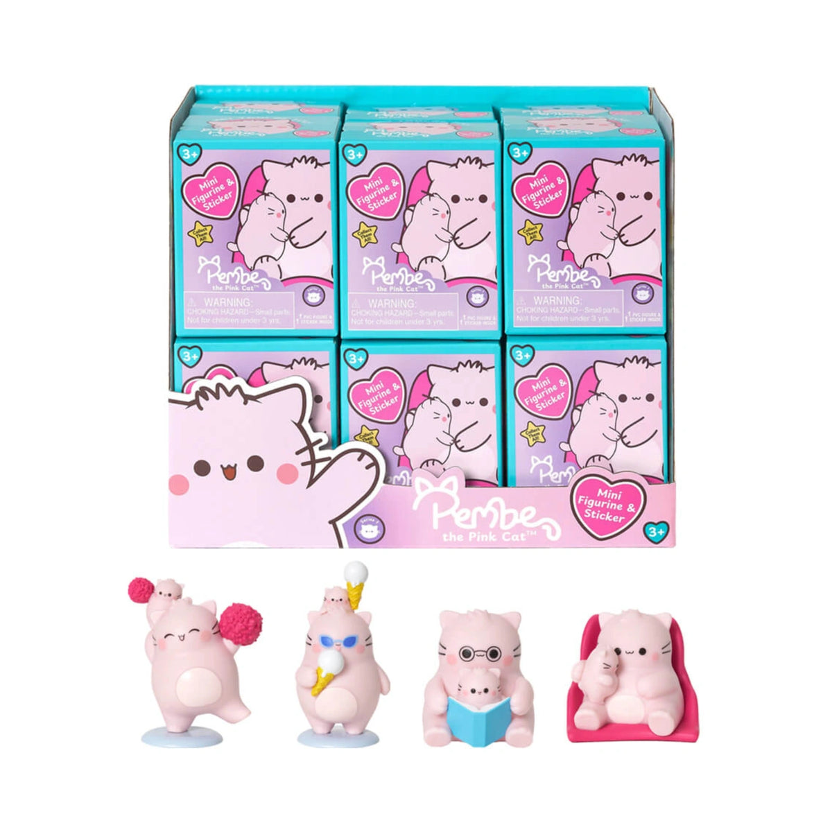 A retail display box of Pembe the Pink Cat mini figurine and sticker blind boxes in teal packaging, shown with four small pink collectible cat figurines in different poses including a cheerleader with pink pom poms, one with ice cream, one reading a blue book, and one in a pink chair.