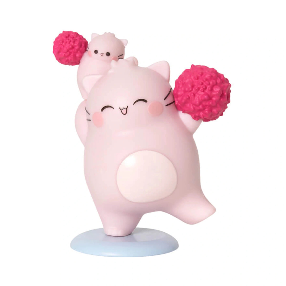 Pembe the Pink Cat mini figurine in a cheerleader pose holding bright pink pom poms with a smaller pink kitten on her shoulder.