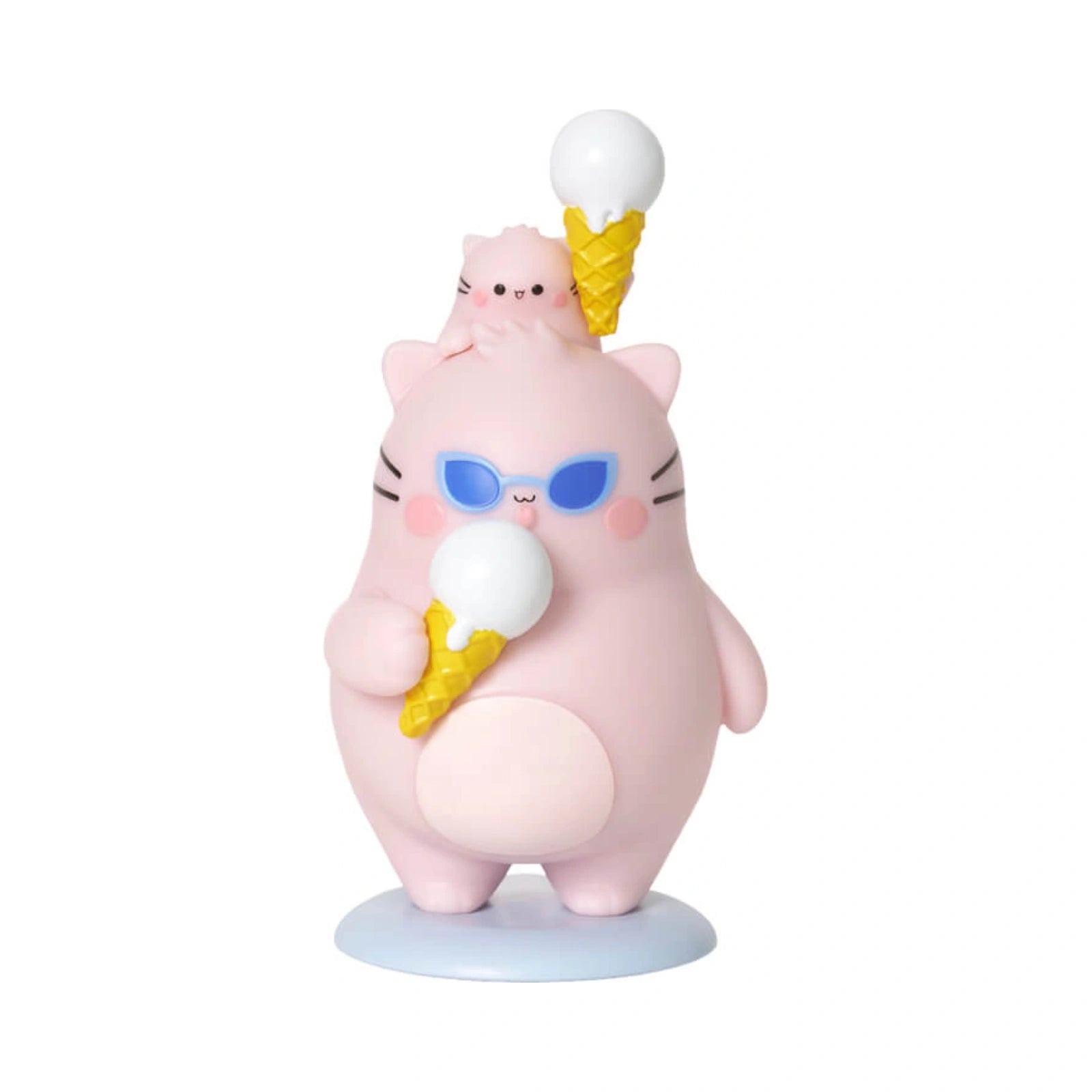 Pembe the Pink Cat mini figurine from the blind box collection, depicting a pink cat wearing blue sunglasses, holding a white ice cream cone, with a smaller pink kitten holding an ice cream cone on its head.