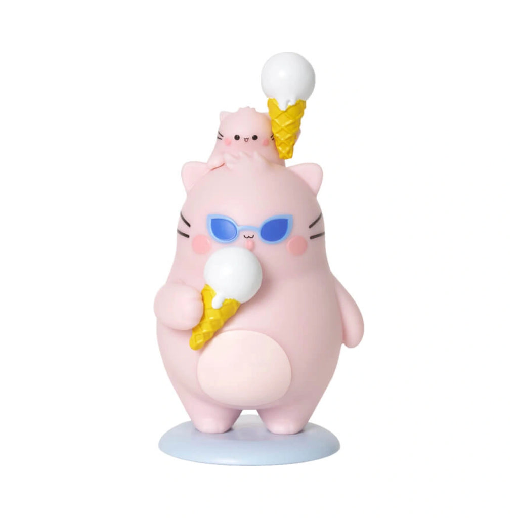 Pembe the Pink Cat mini figurine from the blind box collection, depicting a pink cat wearing blue sunglasses, holding a white ice cream cone, with a smaller pink kitten holding an ice cream cone on its head.