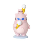 Pembe the Pink Cat mini figurine from the blind box collection, depicting a pink cat wearing blue sunglasses, holding a white ice cream cone, with a smaller pink kitten holding an ice cream cone on its head.