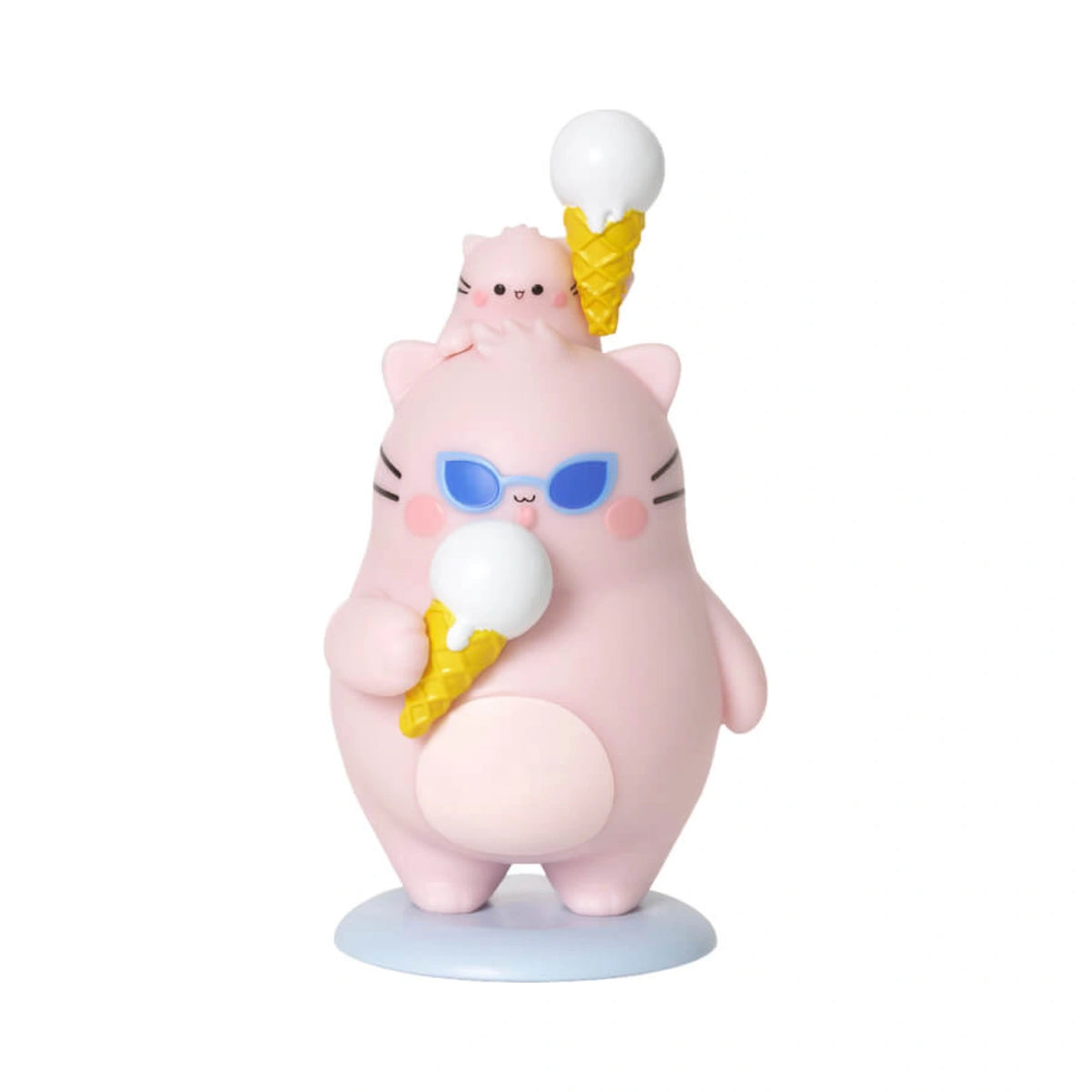 Pembe the Pink Cat mini figurine from the blind box collection, depicting a pink cat wearing blue sunglasses, holding a white ice cream cone, with a smaller pink kitten holding an ice cream cone on its head.