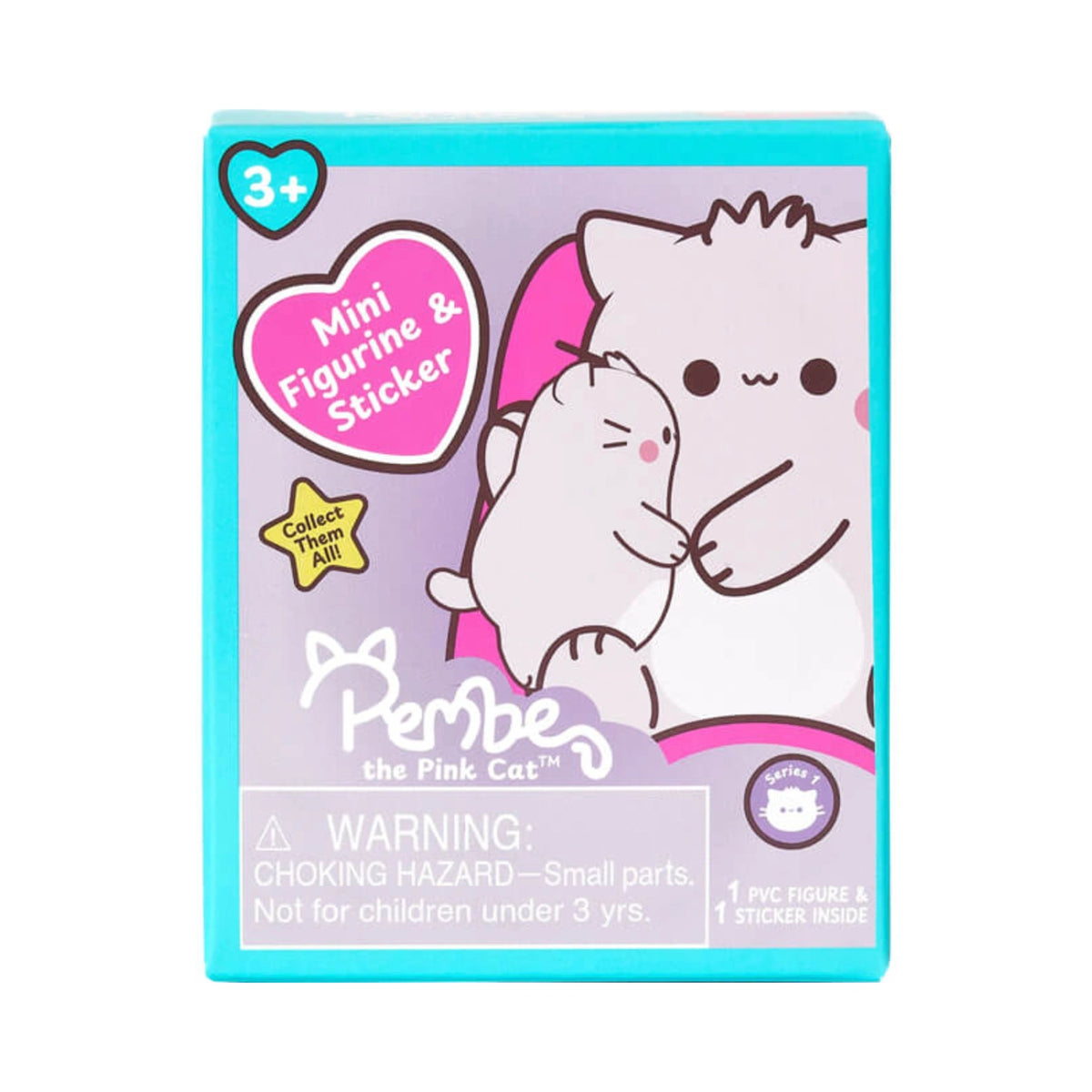 A Pembe the Pink Cat mini figurine and sticker blind box featuring a bright teal border, light purple background, cute white cat illustrations, a pink heart label, and a yellow star graphic.