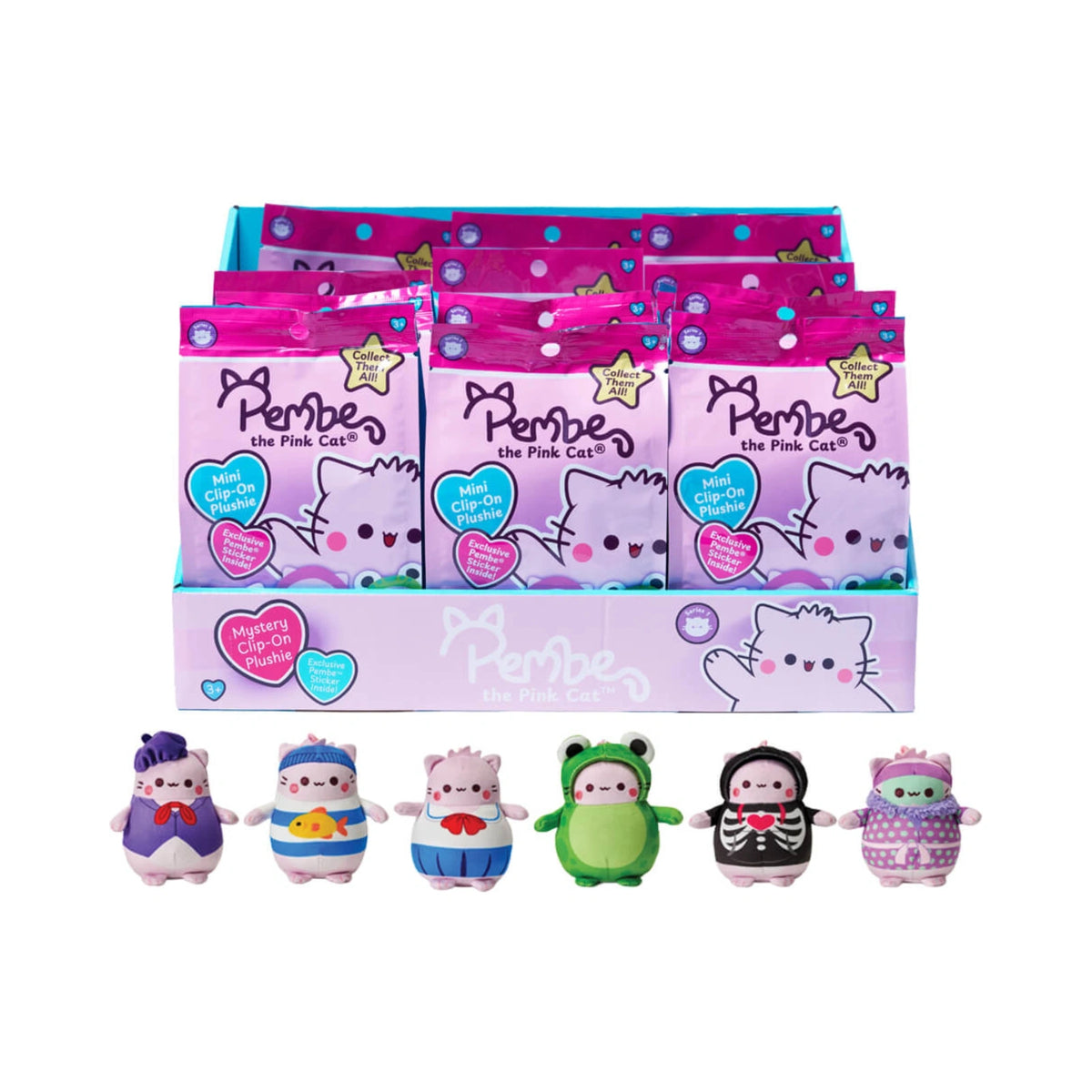 Pembe the Pink Cat mystery clip on plush blind bags displayed in a pink cardboard box with six mini pink cat plushies wearing colorful outfits like a green frog suit, a black skeleton hoodie, and a striped sailor shirt.