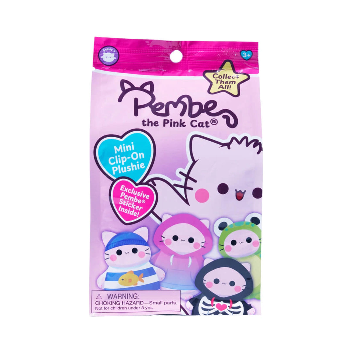 A Pembe the Pink Cat mystery clip on plush blind bag featuring vibrant pink packaging that showcases cute cartoon cat characters wearing different outfits such as a sailor shirt, a pink hoodie, a frog hood, and a skeleton costume.