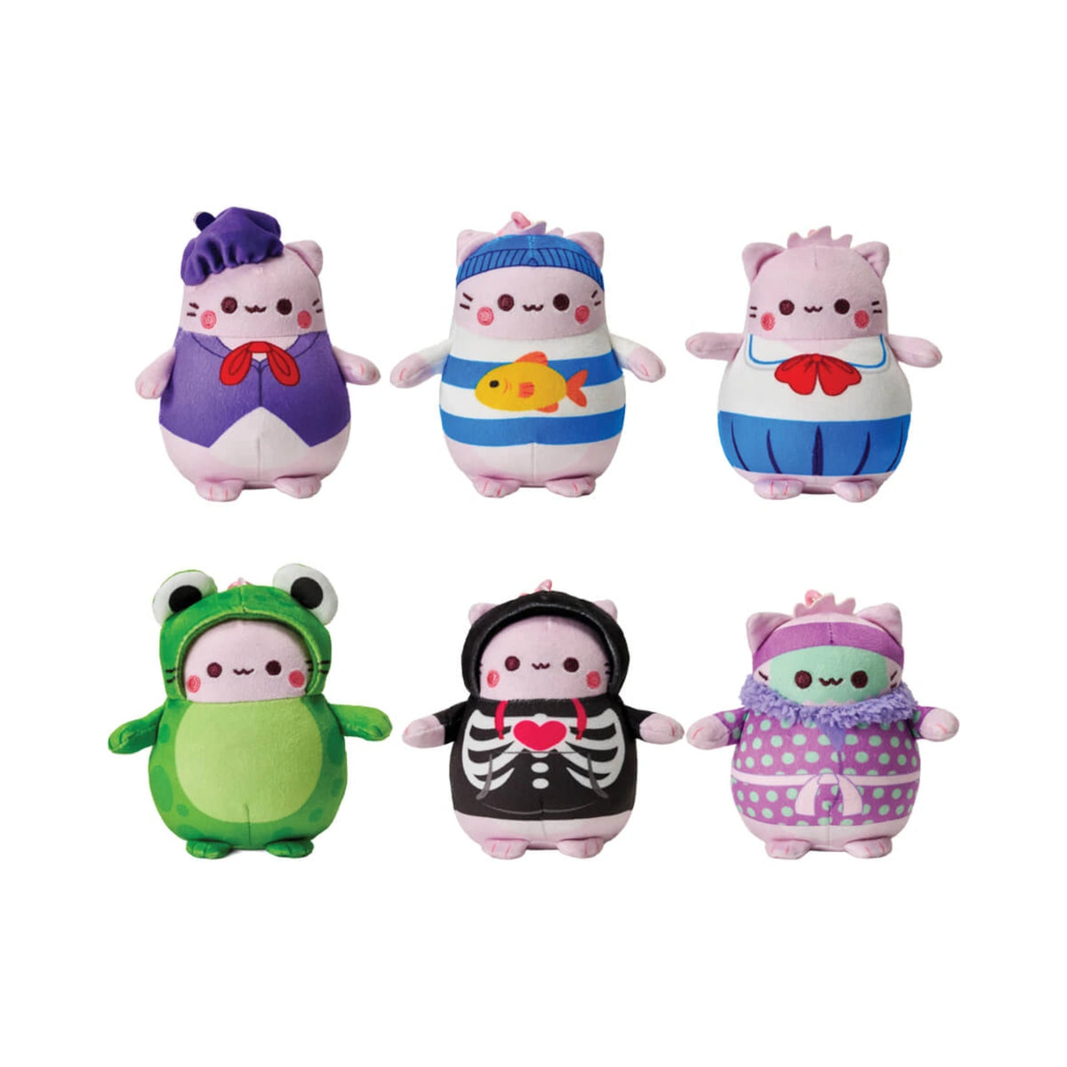 Six plush toys from the Pembe the Pink Cat mystery clip on plush blind bags collection, featuring light pink cat characters in unique outfits including a green frog costume, a black skeleton hoodie with a red heart, a purple artist beret, a striped sailor shirt with a yellow fish, a school uniform, and a purple polka dot outfit.