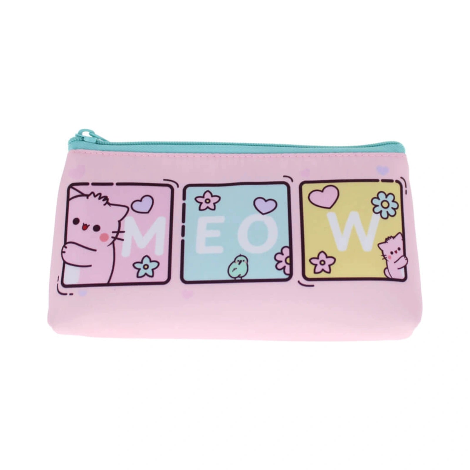 Pembe the Pink Cat PEMBE PENCIL CASE features a pastel pink silicone design decorated with cartoon cats, flowers, and hearts spelling out the word MEOW, accented by a bright turquoise zipper.