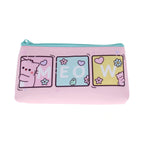 Pembe the Pink Cat PEMBE PENCIL CASE features a pastel pink silicone design decorated with cartoon cats, flowers, and hearts spelling out the word MEOW, accented by a bright turquoise zipper.