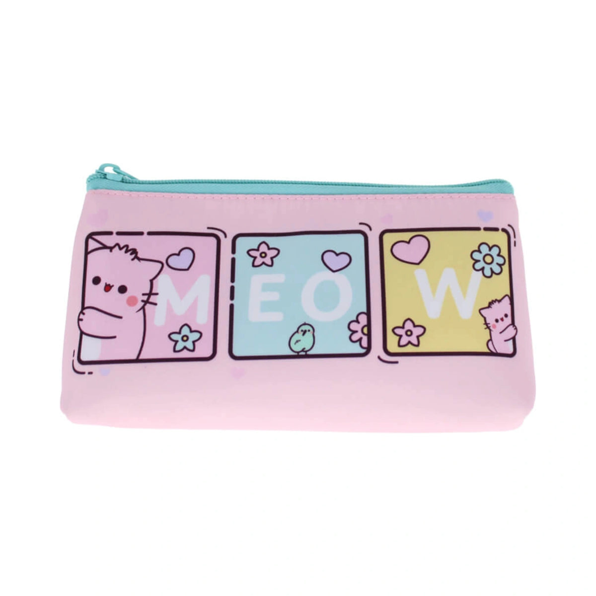 Pembe the Pink Cat PEMBE PENCIL CASE features a pastel pink silicone design decorated with cartoon cats, flowers, and hearts spelling out the word MEOW, accented by a bright turquoise zipper.