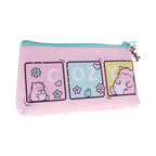 The Pembe Pencil Case features a pastel pink body with a mint green zipper, decorated with cartoon panels spelling out Cozy alongside illustrations of Pembe the Pink Cat and a little bird.