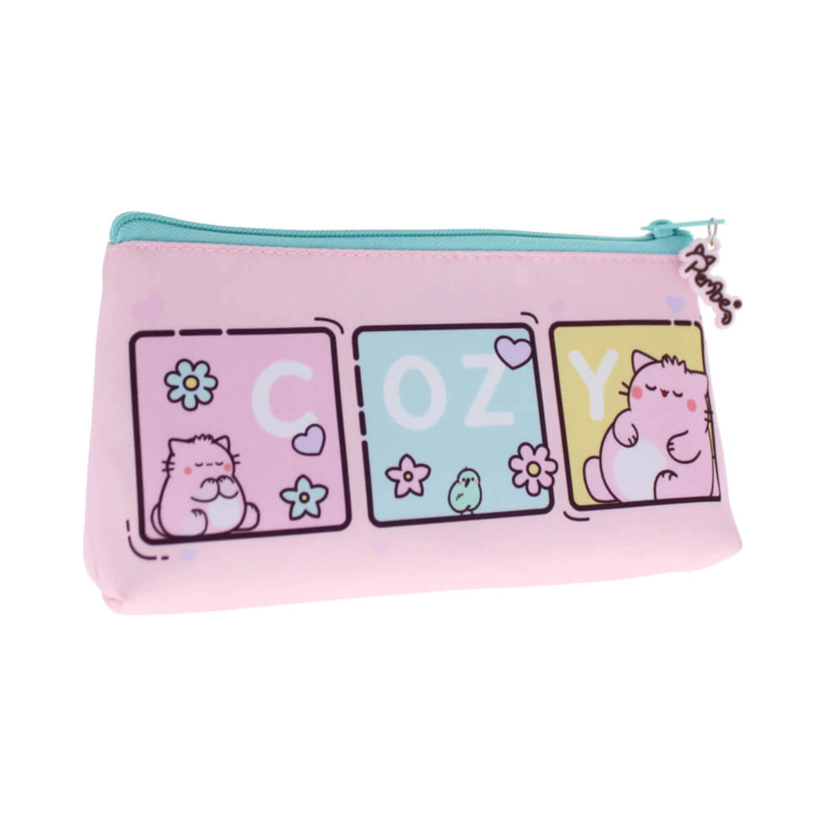 The Pembe Pencil Case features a pastel pink body with a mint green zipper, decorated with cartoon panels spelling out Cozy alongside illustrations of Pembe the Pink Cat and a little bird.