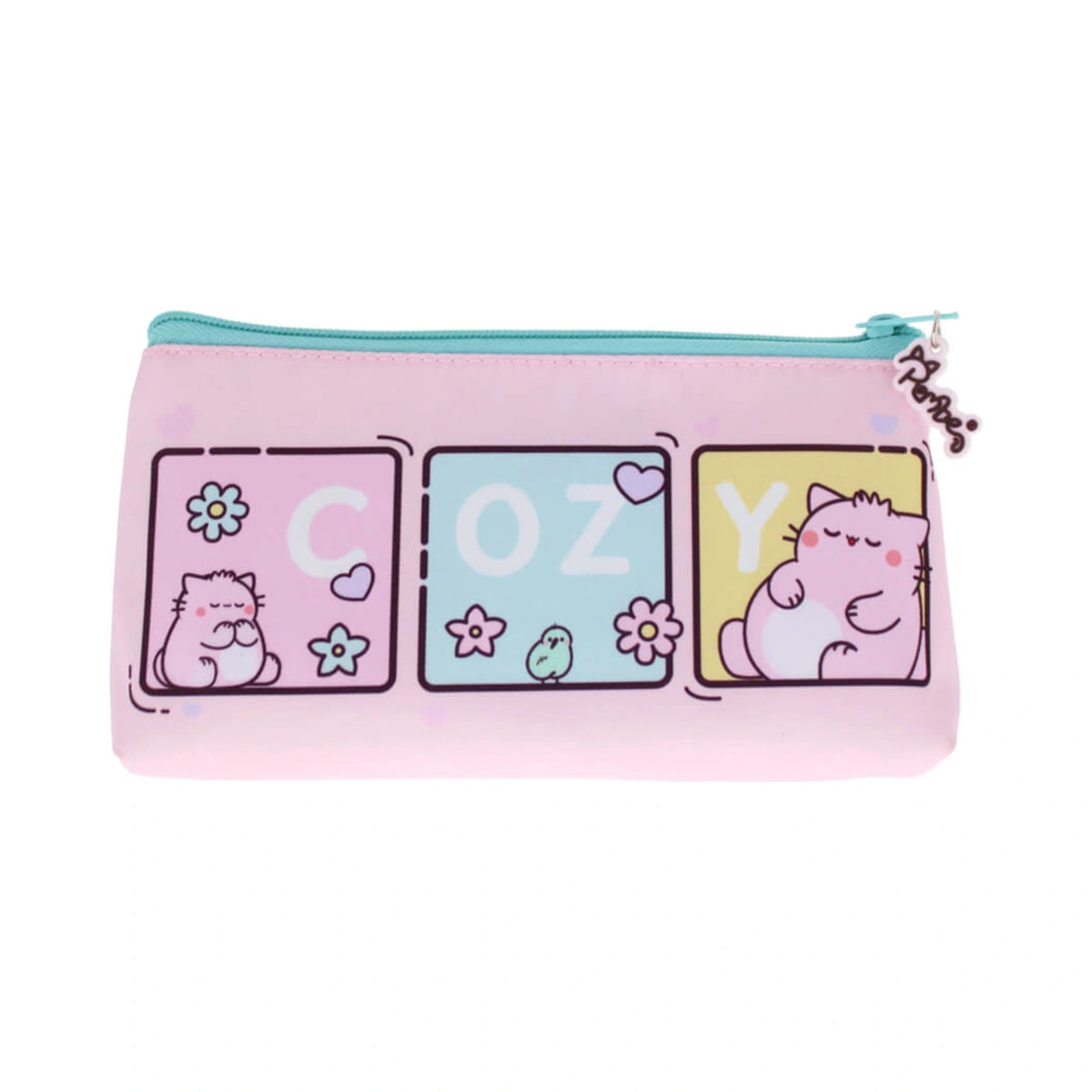 Pembe the Pink Cat PEMBE PENCIL CASE in pastel pink featuring a turquoise zipper and a cartoon design of cozy cats, a small bird, and the word COZY in colorful blocks.