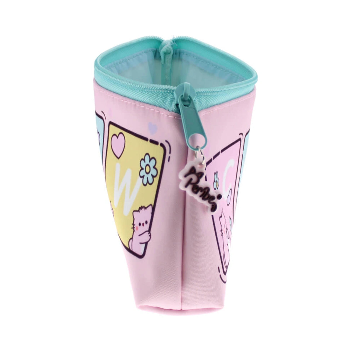 Pembe the Pink Cat standing pencil case in pastel pink featuring colorful cartoon panels with a light blue zipper and a white logo zipper pull charm.