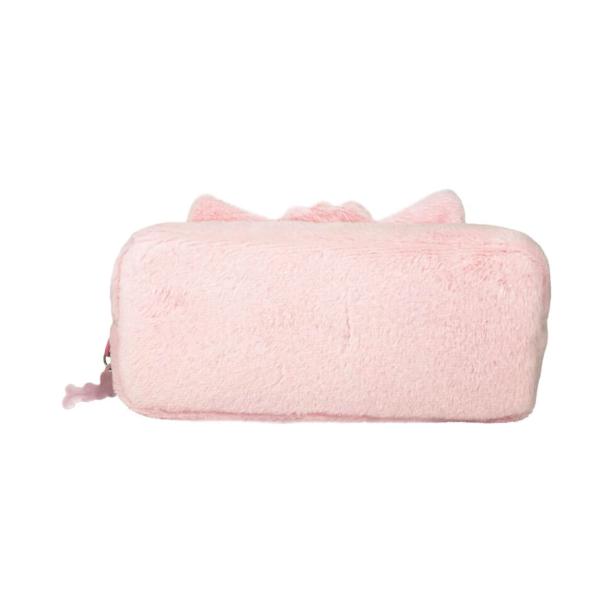 The back view of a Pembe the Pink Cat plush pencil case in soft pink fuzzy fabric showing small plush ears peeking over the top.