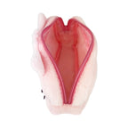 An open Pembe plush pencil case in light pink showing its spacious interior compartment and dark pink zipper closure.