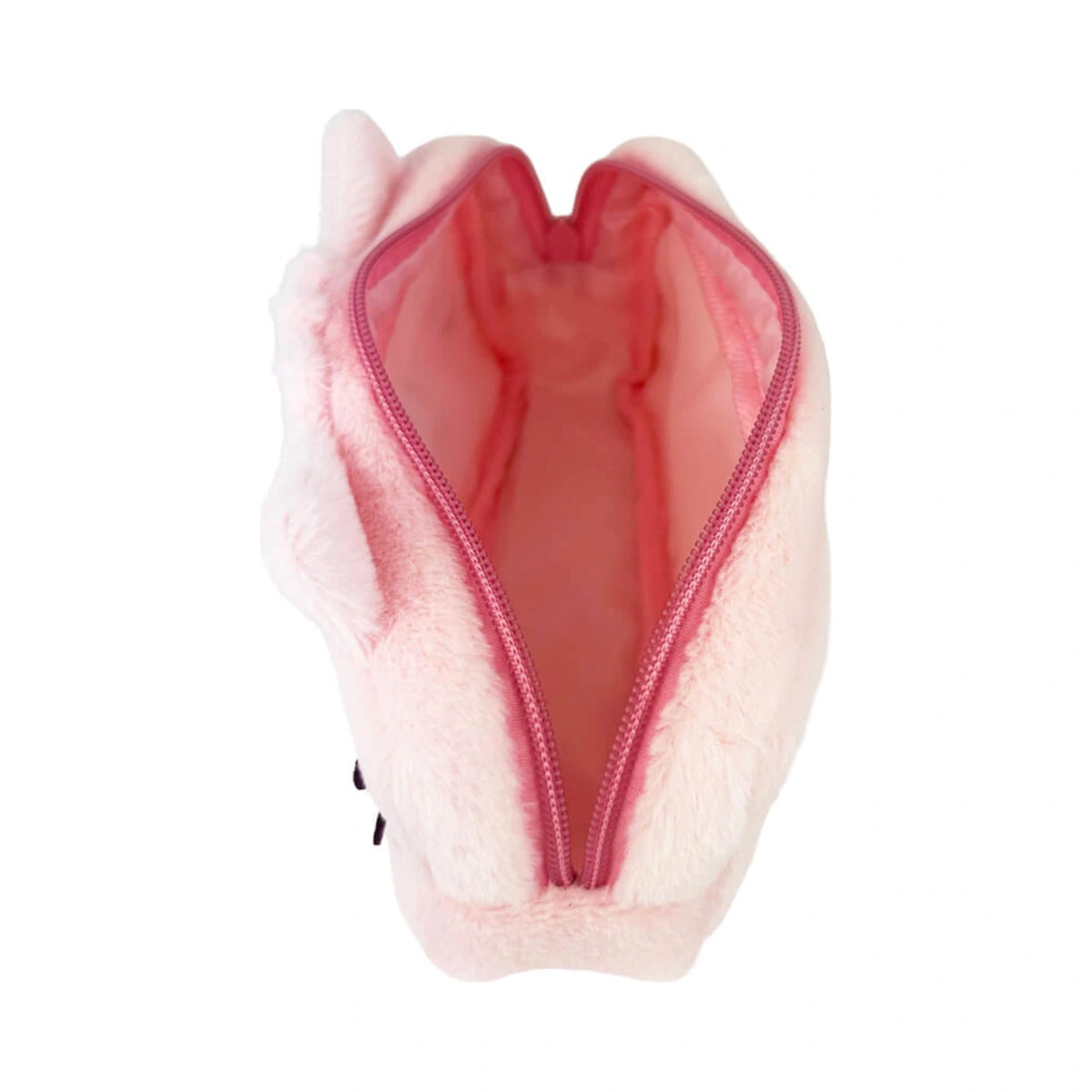 An open Pembe plush pencil case in light pink showing its spacious interior compartment and dark pink zipper closure.