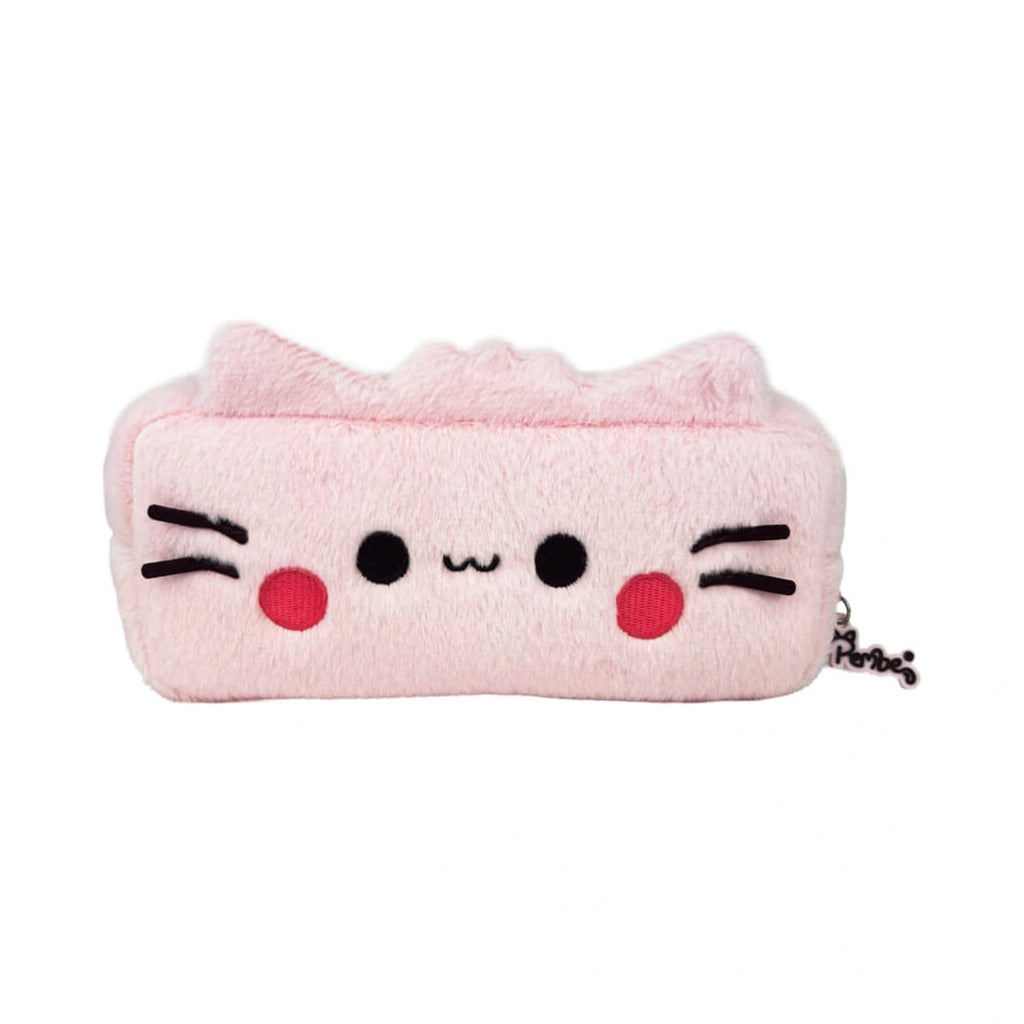 Pembe the Pink Cat plush pencil case in soft pink features an embroidered cat face with black eyes, whiskers, rosy cheeks, and fuzzy cat ears.
