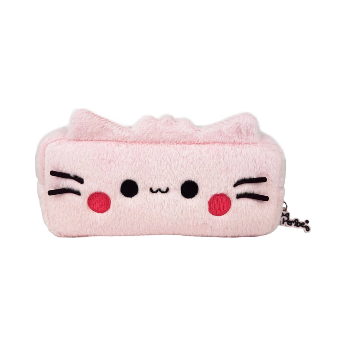Pembe the Pink Cat plush pencil case in soft pink features an embroidered cat face with black eyes, whiskers, rosy cheeks, and fuzzy cat ears.