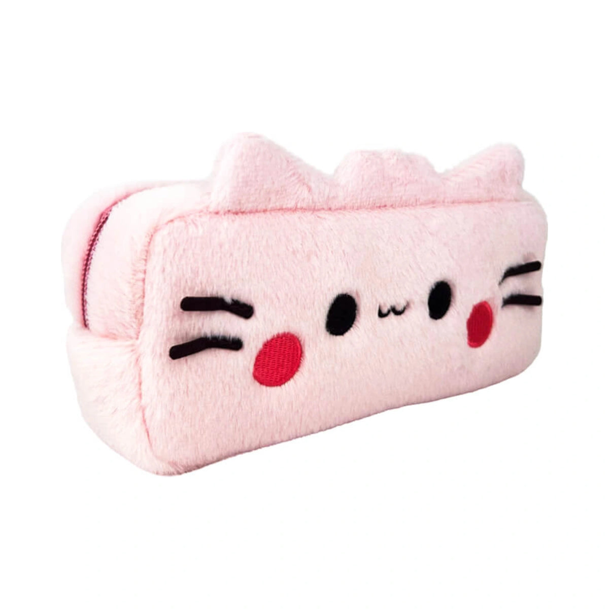 Pembe the Pink Cat plush pencil case features soft light pink faux fur with an embroidered cute cat face, black whiskers, pink cheeks, and plush ears.