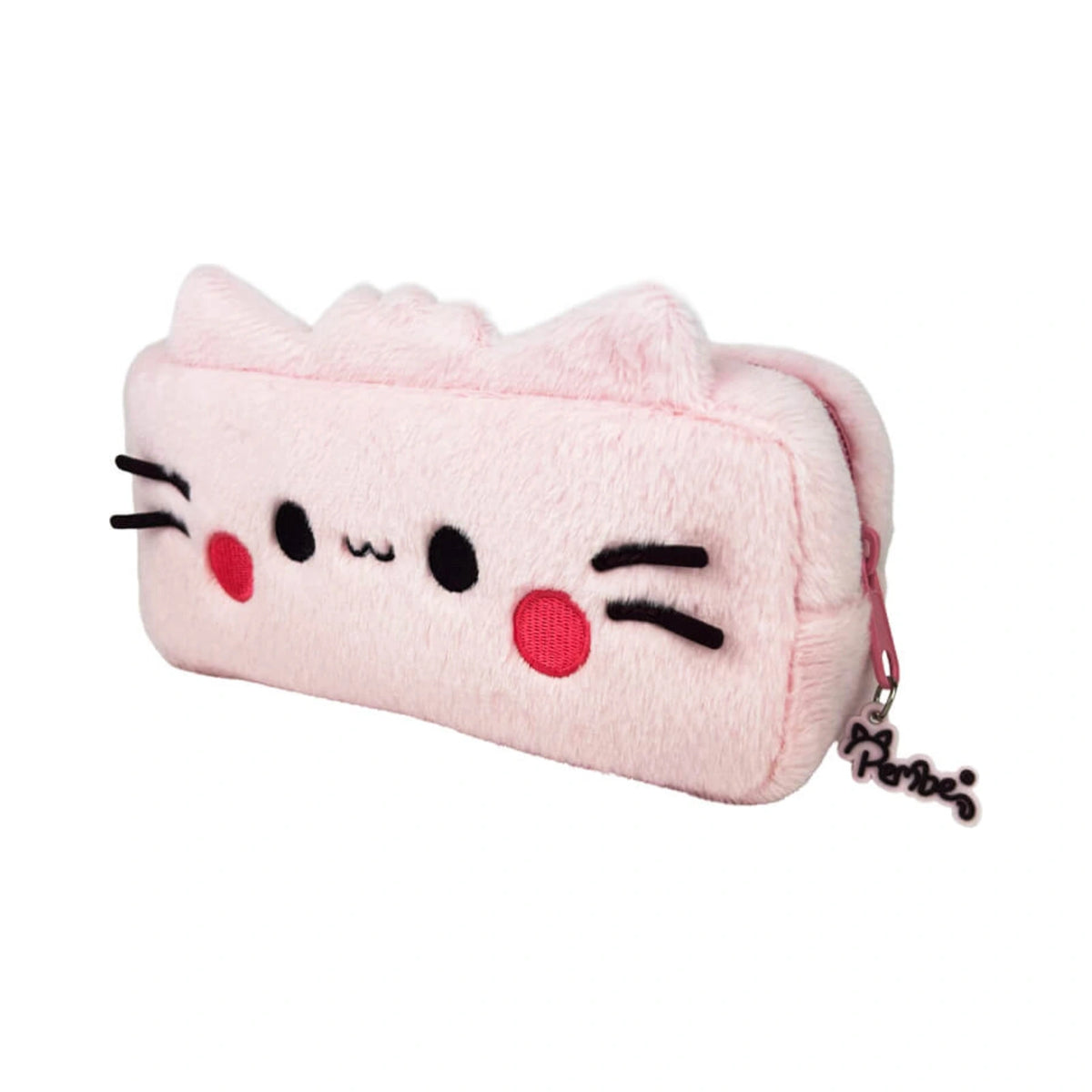 This soft, light pink PEMBE PLUSH PENCIL CASE features an adorable cat face with embroidered black eyes, whiskers, red rosy cheeks, and plush pointed ears.