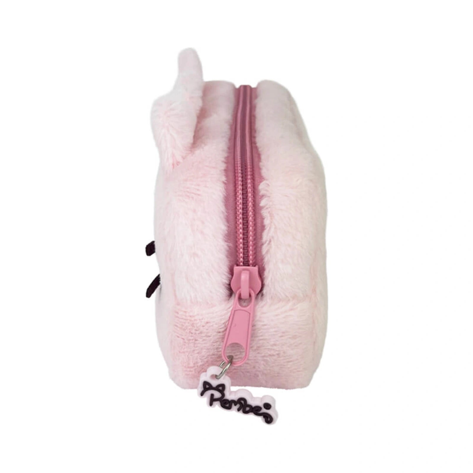 Side view of the Pembe the Pink Cat plush pencil case featuring fluffy light pink fabric, a matching pink zipper with a branded charm pull, and soft upright ears.