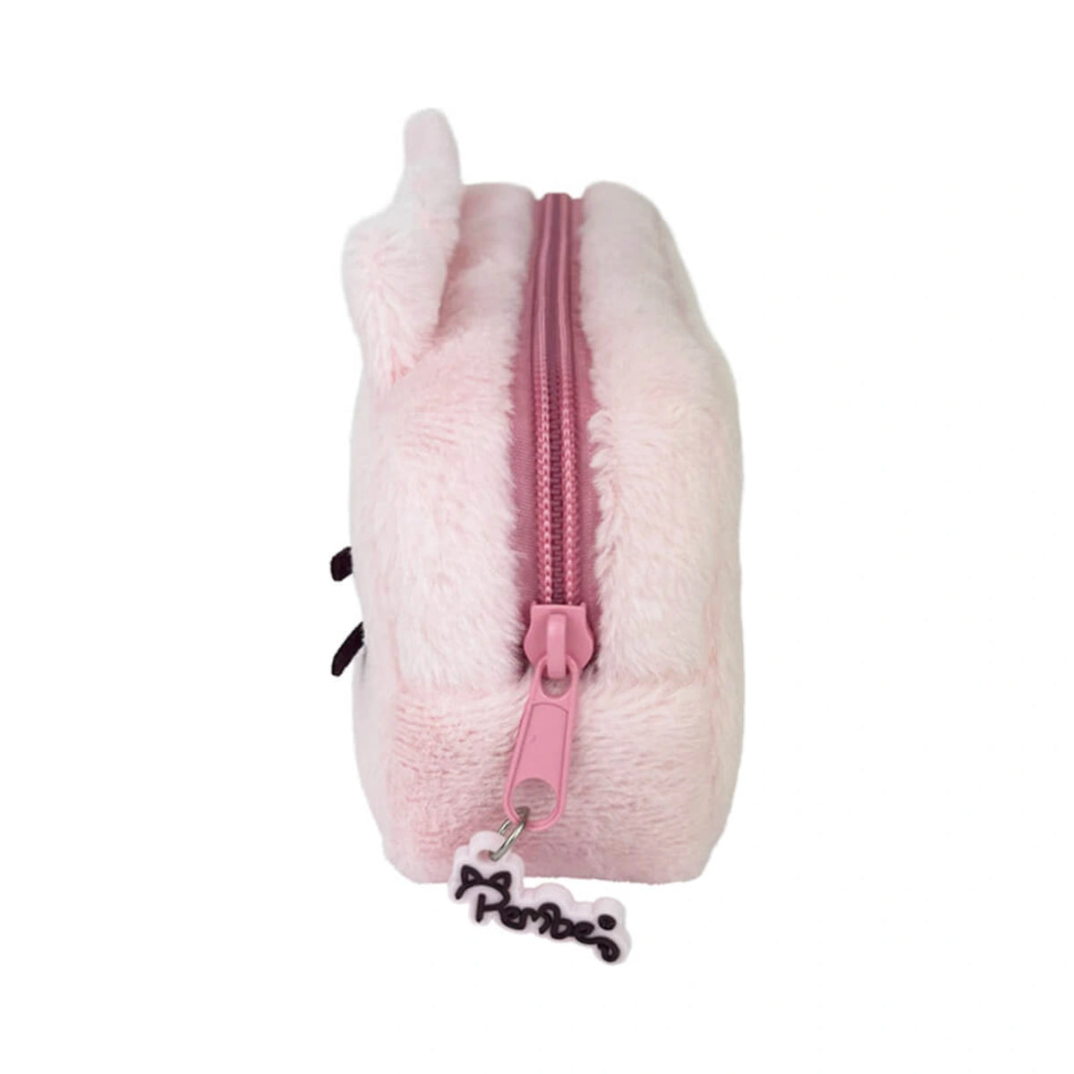 Side view of the Pembe the Pink Cat plush pencil case featuring fluffy light pink fabric, a matching pink zipper with a branded charm pull, and soft upright ears.