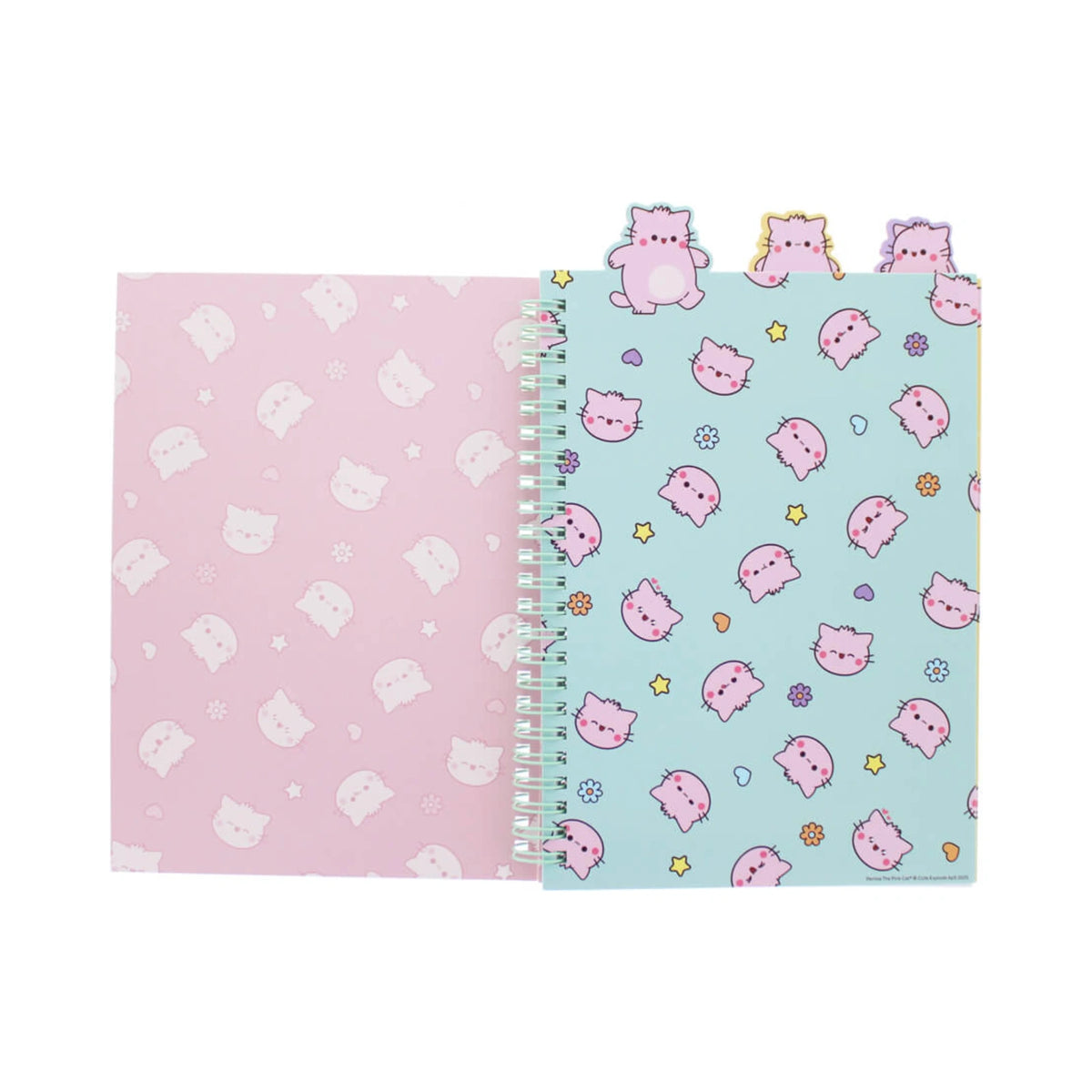 Pembe the Pink Cat PEMBE PROJECT BOOK shown open with a pink cat patterned inner cover and a light blue divider page decorated with illustrations of pink cat heads, stars, and flowers, featuring die cut cat character tabs along the top.