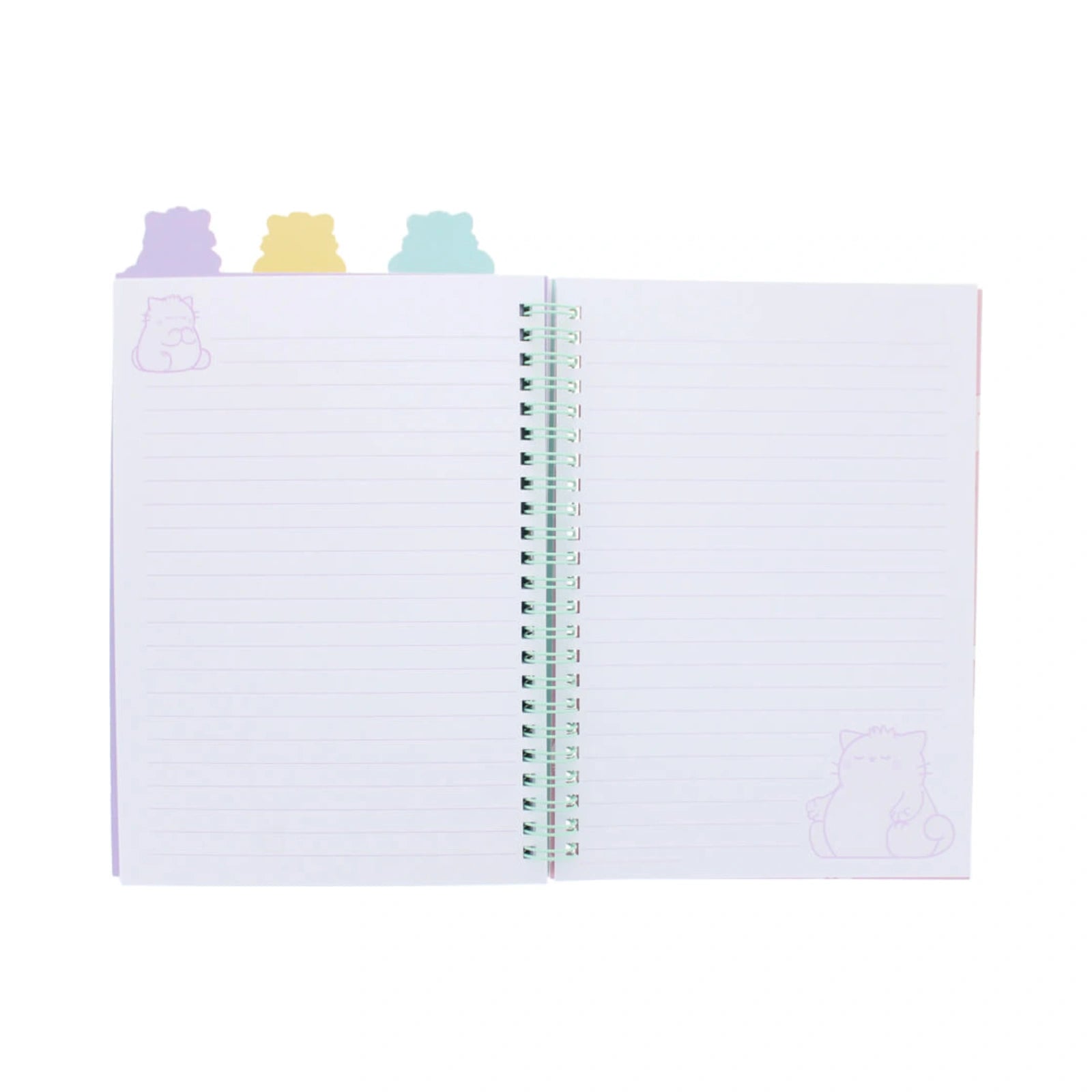 An open Pembe the Pink Cat PEMBE PROJECT BOOK displaying lined pages with lavender cat illustrations in the corners, bound by a light green spiral wire and topped with pastel purple, yellow, and blue cat shaped divider tabs.