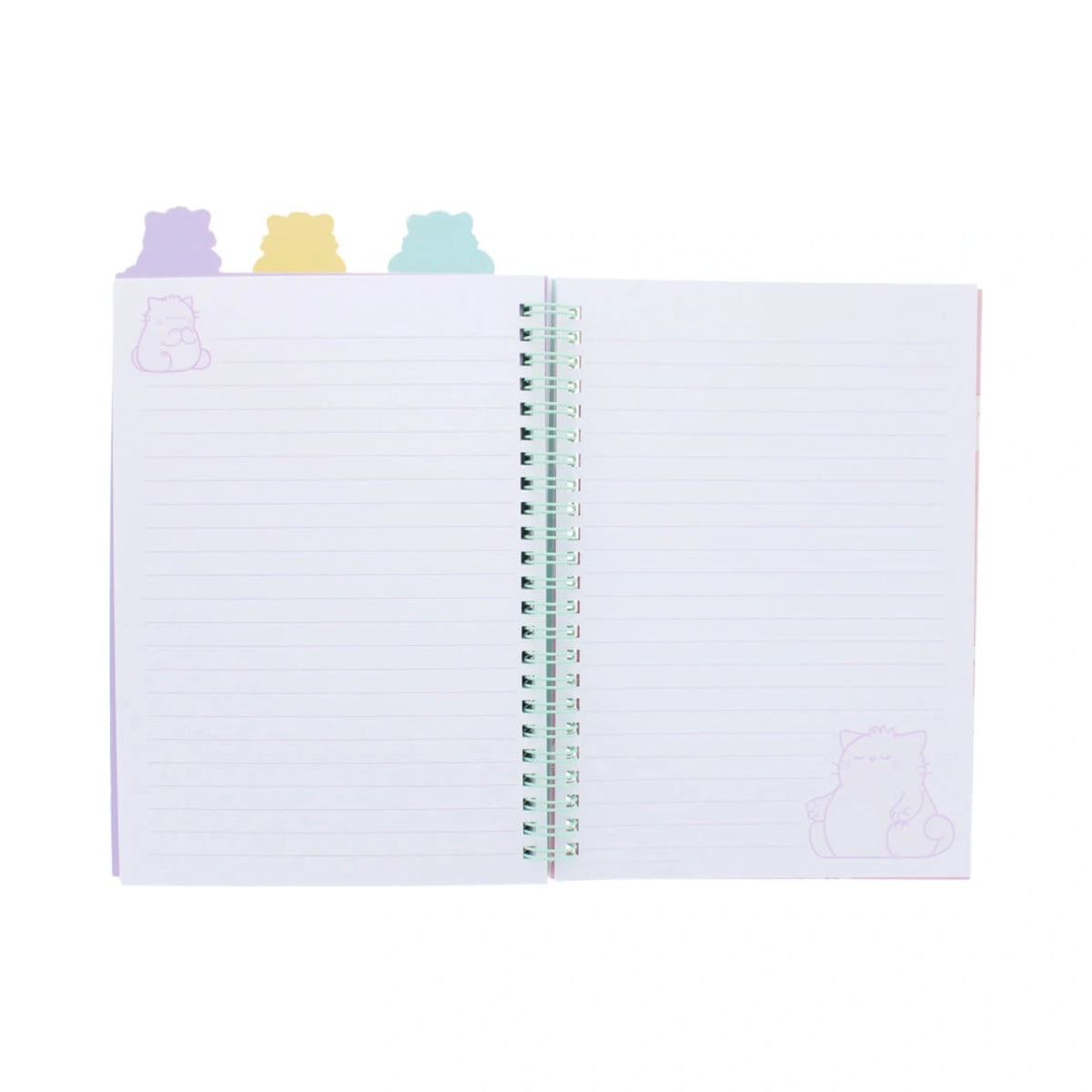 An open Pembe the Pink Cat PEMBE PROJECT BOOK displaying lined pages with lavender cat illustrations in the corners, bound by a light green spiral wire and topped with pastel purple, yellow, and blue cat shaped divider tabs.