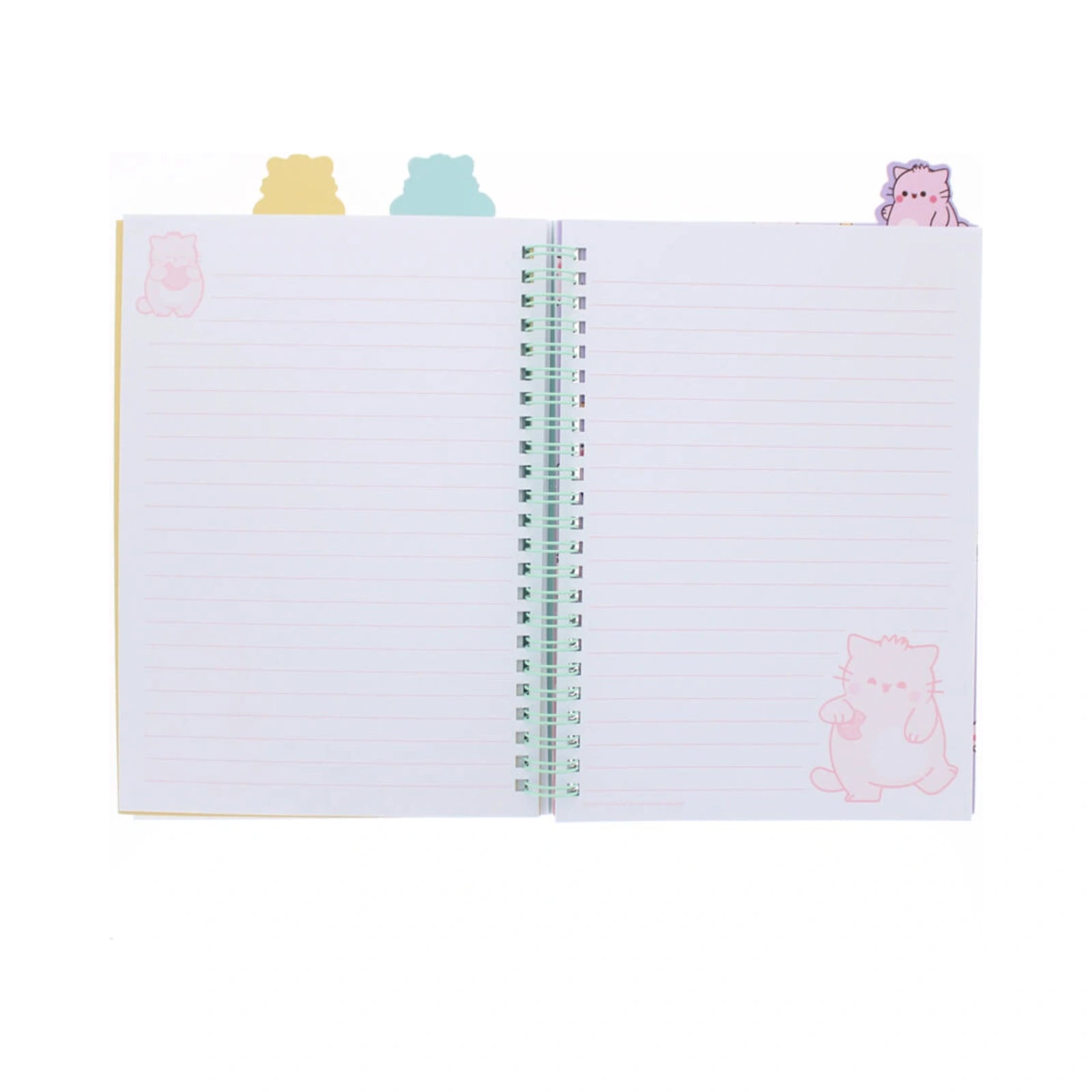 An open PEMBE PROJECT BOOK by Pembe the Pink Cat features pastel pink lined pages decorated with pink cat illustrations, held together by a mint green spiral coil and topped with cute cat shaped index tabs in yellow, blue, and purple.
