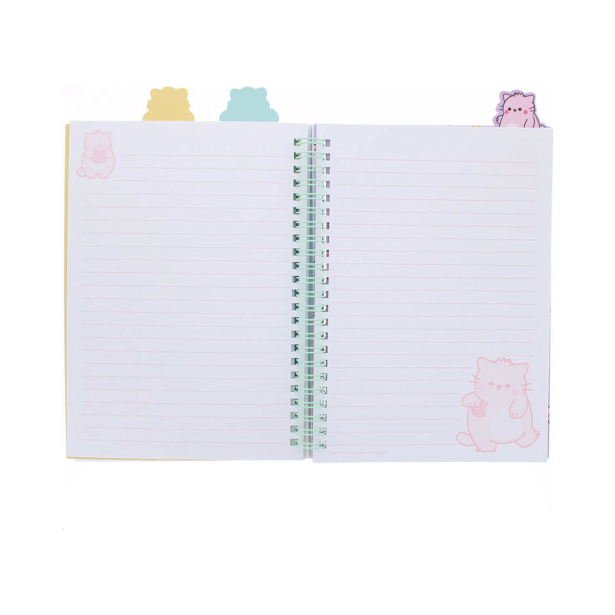 An open PEMBE PROJECT BOOK by Pembe the Pink Cat features pastel pink lined pages decorated with pink cat illustrations, held together by a mint green spiral coil and topped with cute cat shaped index tabs in yellow, blue, and purple.