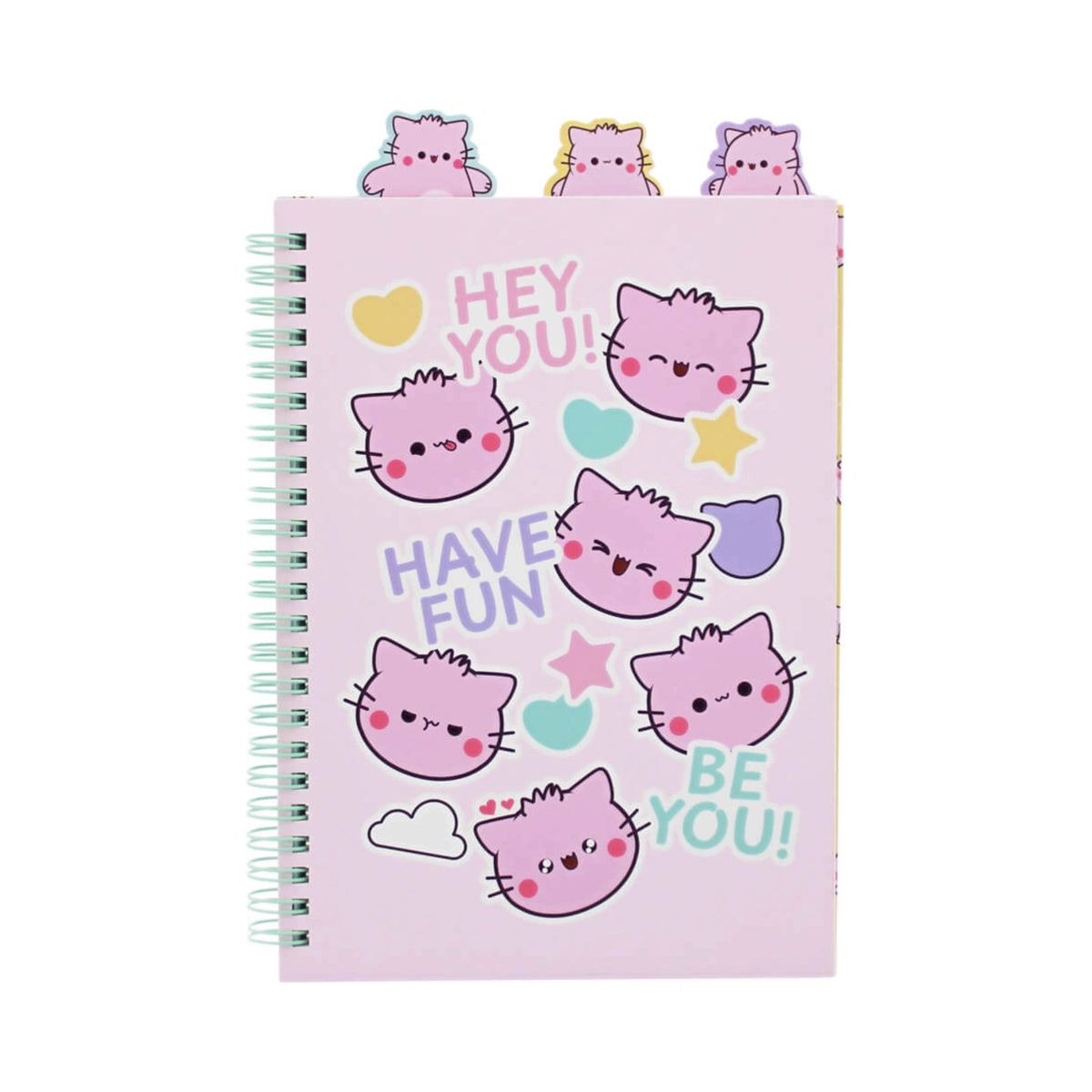 Pembe Project Book featuring a light pink cover adorned with cute pink cat face illustrations, pastel hearts, stars, and motivational text, with three colorful cat shaped tabs protruding from the top and a mint green spiral binding.